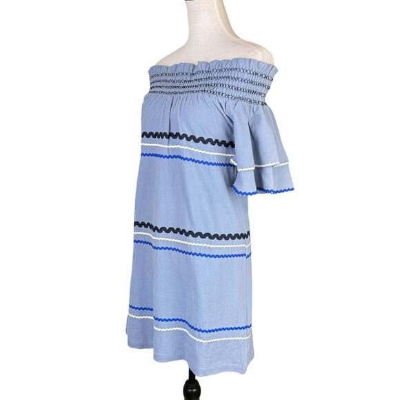 Mud Pie NWT Finnigan Blue Smocked Off the Shoulder Ric Rac MIni Dress Coastal - Picture 4 of 11